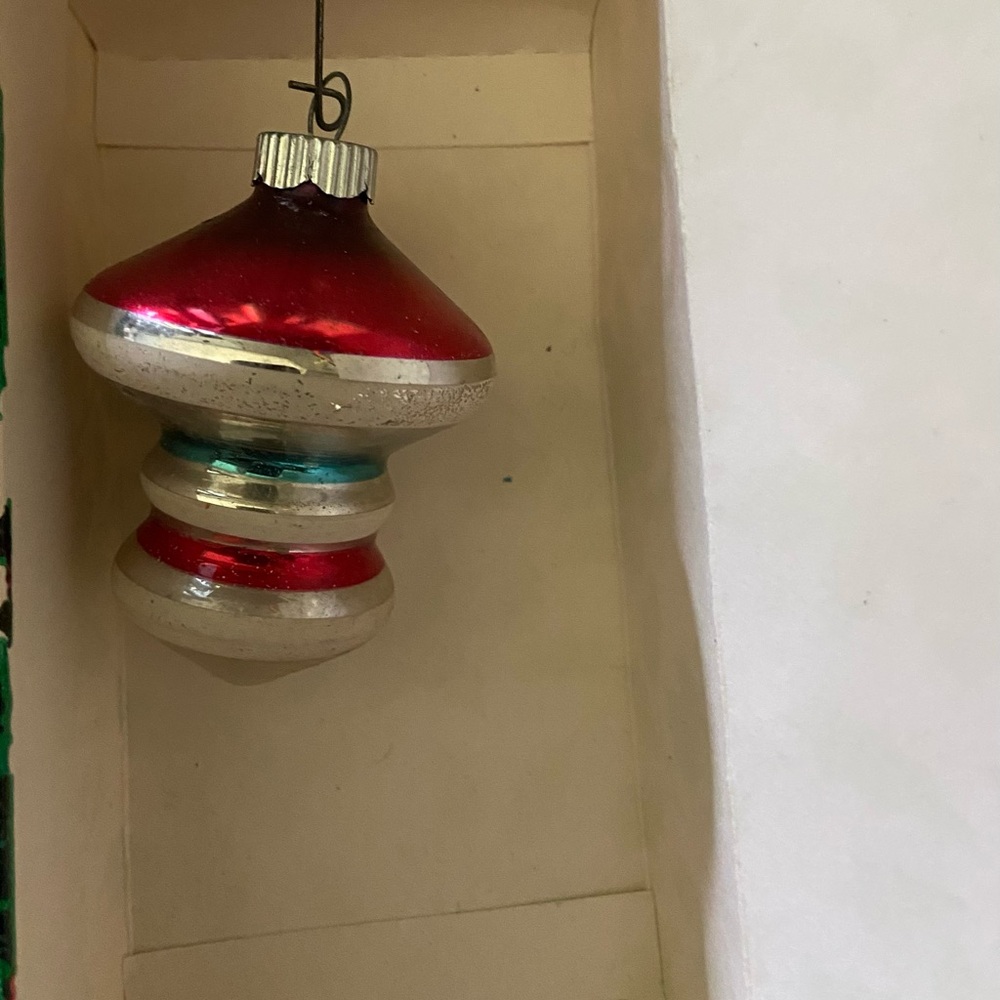 Vintage Christmas Shiny Bright Ornament Mushroom MCM 60s Red Silver Mid century